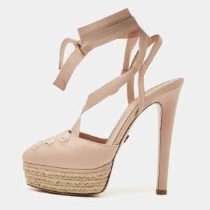 Le Silla Pink Leather Espadrille Platform Ankle Tie Pumps Size 39