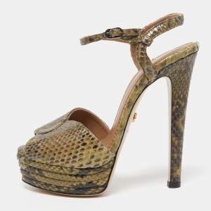 Le Silla Green Python Ankle Strap Platform Sandals Size 40