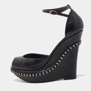 Le Silla Black Lizard Embossed Leather Wedge Sandals Size 39.5