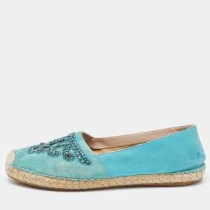 Le Silla Turquoise Suede and Leather Crystal Embellished Espadrille Flats Size 39
