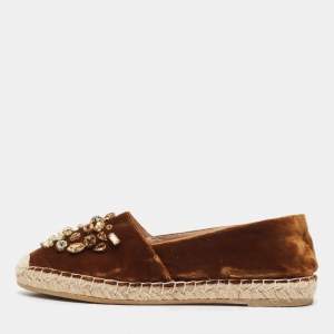 Le Silla Brown Velvet Crystal Embellished Espadrilles Flats Size 36