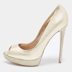 Le Silla Golden Leather Crystal Embellished Platform Peep Toe Pumps Size 41