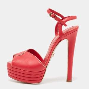 Le Silla Red Leather Peep Toe Platform Ankle Strap Sandals Size 37