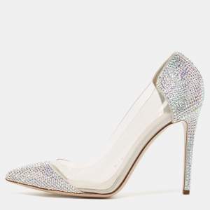 Le Silla Silver Suede and PVC Crystal Embellished Pumps Size 39.5