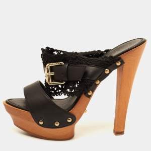 Le Silla Black Leather and Lace Wooden Platform Slide Sandals Size 36