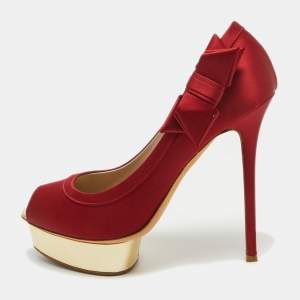 Le Silla Red Satin Peep Toe Platform Pumps Size 40.5