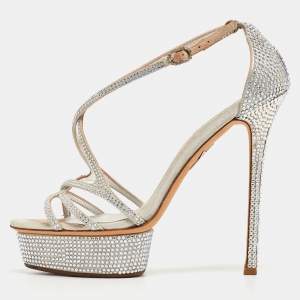 Le Silla Silver Leather and Crystal Embellished Criss Cross Strap Platform Sandals Size 37