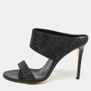 Le Silla Black Suede and Snakeskin Embossed Crystals Embellished Sandals Size 38