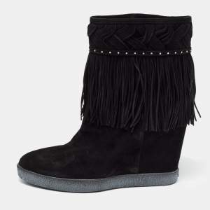 Le Silla Black Suede Concealed Fringed Wedge Boots Size 37