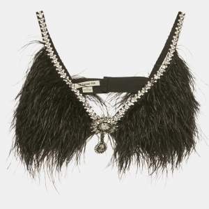 Pre Owned توب ليثانه هوا مزين بالريش وكريستال أسود مقاس صغير - إكسترا سمول