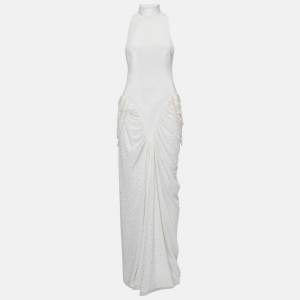 Pre Owned   Leam Almes White Velvet and Tulle Pearl Detail Draped Maxi Dress M