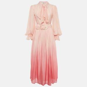 مملوكة مسبقًا Leo Lin Ombre Pink Silk Blend Tie Neck Detail Belted Midi Dress S