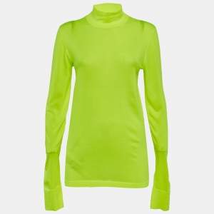 Pre Owned Les Reveries Neon Green Stretch Knit Turtleneck Sweatshirt L