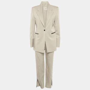 Pre Owned Lili Blanc Beige Crepe Leather Trim Pants Suits M