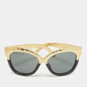 Linda Farrow Gold/Black Snakeskin Embossed Leather Cat Eye Sunglasses