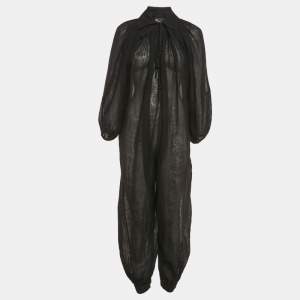 Pre Owned Lisa Marie Fernandez Black Organic Linen Belted Sheer Jumpsuit M