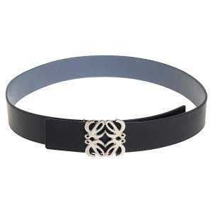 Pre Owned Loewe Black/Blue Leather Anagram Reversible Buckle Belt 95 CM
