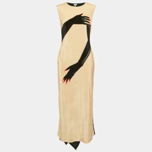Pre Owned Loewe Beige/Black Gloves Print Velvet Asymmetric Midi Dress S