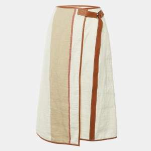 مملوكة مسبقًا Loewe White Linen & Leather Trim Belted Midi Skirt L