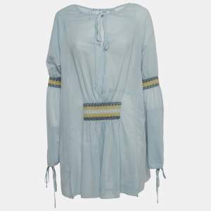Loewe Blue Cotton Blend Smocked Detail Tie-Up Neck Mini Dress S