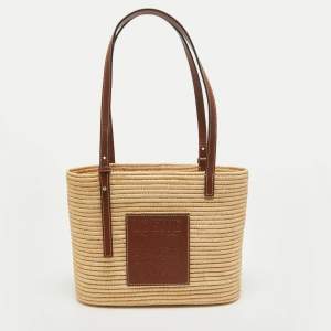 Pre Owned Loewe x Paula's Ibiza Beige/Brown Raffia and Leather Small Square Basket Bag