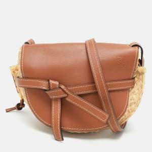 Loewe Brown/Beige Raffia and Leather Small Gate Shoulder Bag