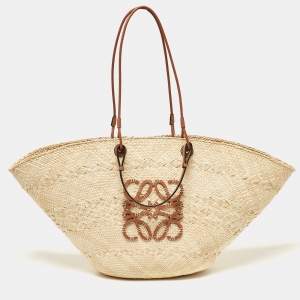 Pre Owned Loewe Beige/Brown Raffia and Leather Large Anagram Basket Tote