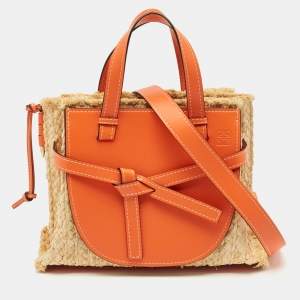 Pre Owned Loewe Orange/Natural Raffia and Leather Medium Gate Tote