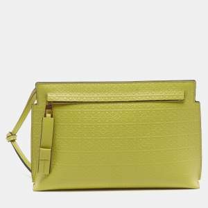 Pre Owned Loewe T Mini Green Anagram Embossed Leather Pouch 