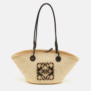 Pre Owned Loewe Anagram Small Beige/Black Raffia and Leather Beach Bag