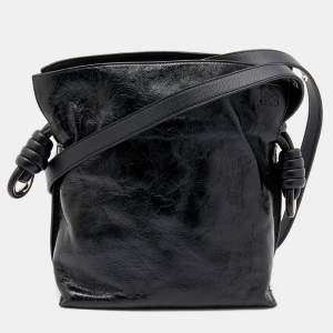 Pre Owned Loewe Black Crinkled Glossed Leather Flamenco Knot Shoulder Bag