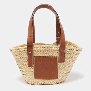 Loewe Brown/Natural Raffia and Leather Small Basket Tote