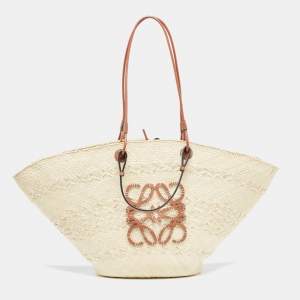 Loewe Beige/Brown Raffia and Leather Trim Large Anagram Basket Tote