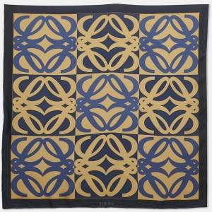 Loewe Navy Blue & Gold Logo Printed Silk Square Scarf