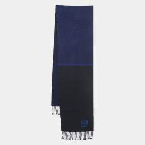 Loewe Navy Blue/Black Embroidered Wool Blend Fringed Scarf