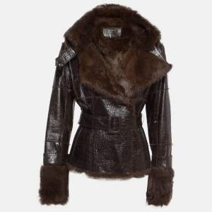 Loewe Brown Leather and Rabbit Fur Belted Jacket M