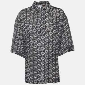 Pre Owned Loewe Navy Blue Printed Linen Collared T-shirt XS
