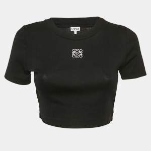 Loewe Black Angaram Embroidered Rib Knit Fitted Crop Top L