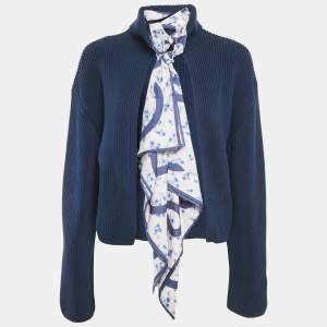 Loewe Navy Blue Cotton Rib Knit & Tie Detail Open Back Sweater S
