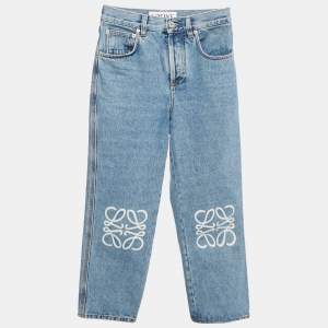 Pre Owned Loewe Blue Denim Anagram Detail Cropped Jeans S Waist 27"