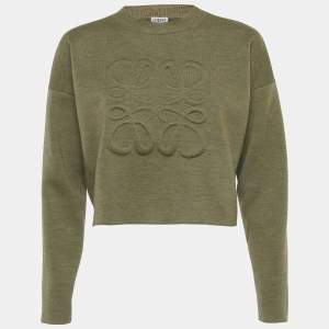 Pre Owned Loewe Green 3D Anagram Wool Knit Crop Sweater S
