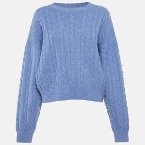 Pre Owned Loewe Blue Cable Knit Wool Anagram Sweater L