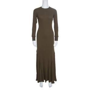 Loewe Khaki Green Ribbed Knit Godet Maxi Dress S