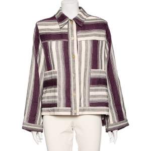 مملوكة مسبقًا Loewe Cream & Purple Striped Linen Asymmetric Hem Detailed Jacket S