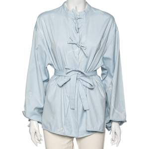Pre Owned Loewe Blue Printed Cotton Tie-Up Detailed Button Front Oversized Blouse S