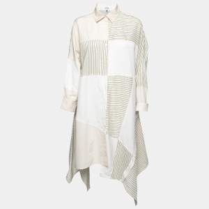 Loewe Cream Linen-Blend Patchwork Asymmetrical Hem Shirt Dress S 