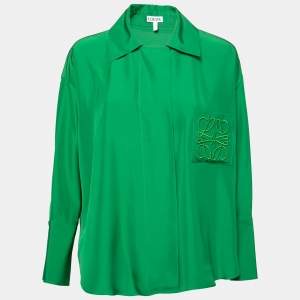 Pre Owned Loewe Green Silk Satin Logo Embroidered Oversized Pajama Blouse XS