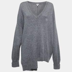Pre Owned Loewe Grey Cashmere V-Neck Asymmetric Sweater S