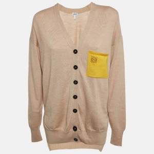 Pre Owned Loewe Beige Wool Logo Pocket Detail Buttoned Cardigan XS
