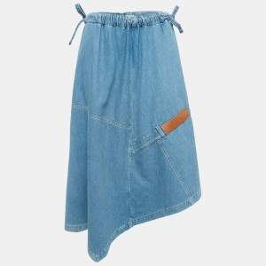 Loewe Blue Logo Motif Leather Trimmed Denim Asymmetric Midi Skirt M